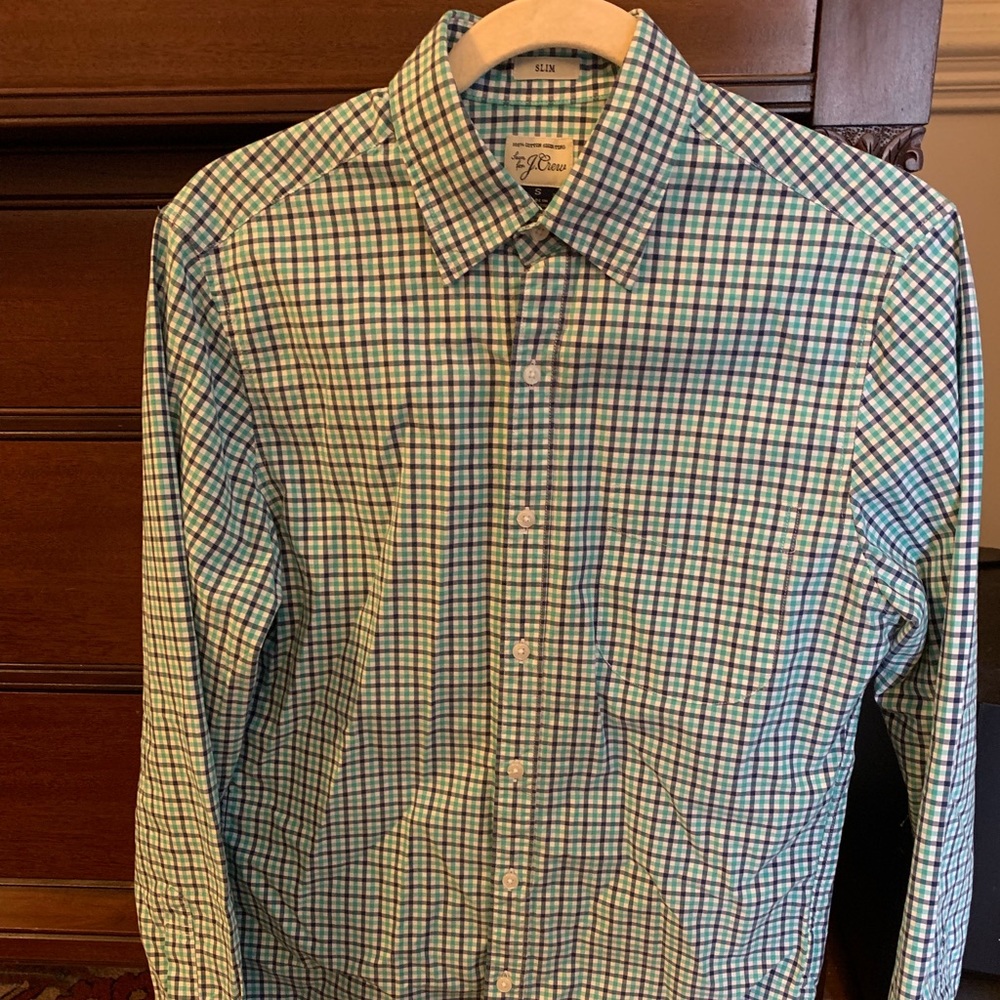 Men’s slim S J Crew LS button down, blue and white